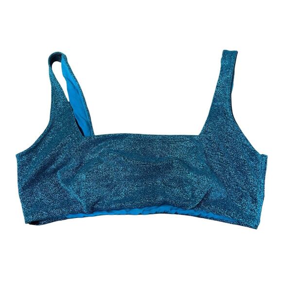 Asos Design Curve Crop Bikini Top Sz 16 Blue Glitter Square Neckline - Picture 2 of 7